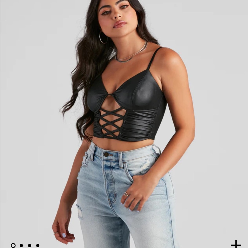 Late night faux leather lattice crop top